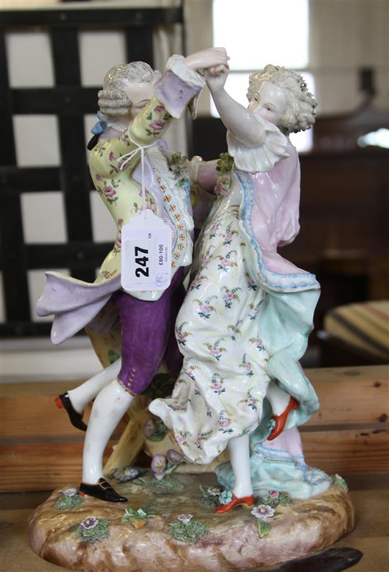 Tall German porcelain group of elegant figures dancing A/F